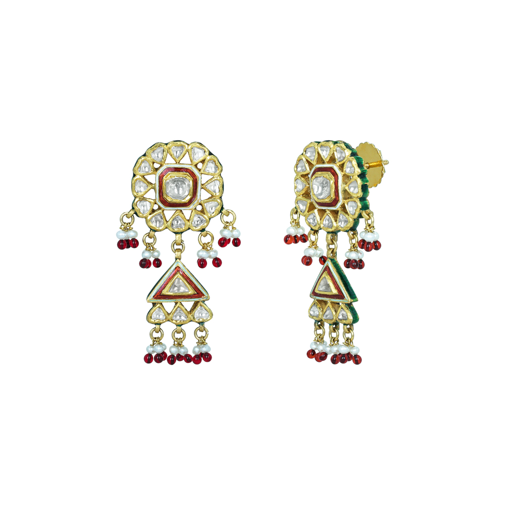 Circular Polki Earrings with Red Enamel, Triangular Drops, and Pearls